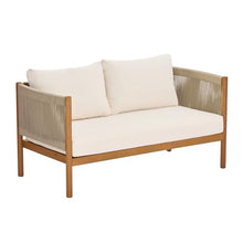 Christopher Knight Home SIDA Acacia Wood Outdoor Loveseat and Coffee Table Set, 2 Piece Patio Furniture Set with Removable Cushion, Wooden Outdoor Conversation Set, Beige+Cream+Teak