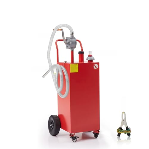 SierraSquad 40 Gallon Portable Fuel Caddy – Reversible Rotary Hand Siphon Pump – 4 Flat-Free Sturdy Rubber Wheels – Gasoline/Fuel Storage Transfer Tank for Car, Boat, Lawn Mower, ATV – Red