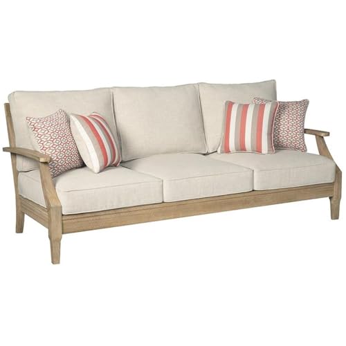 BOWERY HILL Outdoor Patio Eucalyptus Wood Sofa, Beige Finish, 81" Wide, Polyester Cushions with Nuvella Fabric, All-Weather Foam, 4 Throw Pillows, Durable Outdoor Furniture for Garden or Deck