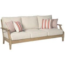 BOWERY HILL Outdoor Patio Eucalyptus Wood Sofa, Beige Finish, 81" Wide, Polyester Cushions with Nuvella Fabric, All-Weather Foam, 4 Throw Pillows, Durable Outdoor Furniture for Garden or Deck