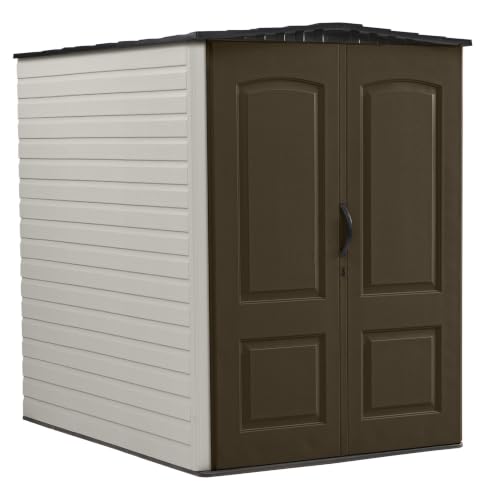 Rubbermaid Large Vertical Resin Outdoor Storage Shed With Floor (5 x 6 Ft), Weather Resistant, Brown, Organization for Home/Backyard/Garden Tools/Lawn Mower/Bike Storage/Pool Supplies