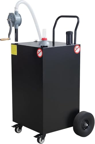 50 Gallon Gas Portable Fuel Caddy with Manual Transfer Pump, Flat-Free Wheels, Gasoline/Diesel Storage Tank and Hose for Car, Truck, Boat, ATV, Lawn Mower,Black.