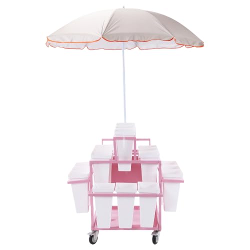 Mobile Rolling Metal Flower Cart Stand with 18 Buckets Umbrella Vendor Rack for Market Wedding Garden Decor