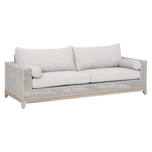 Outdoor Escape White Outdoor Sofa 90 Inches, Solid Teak Base with Intricate Rope Weave, Removable Cushions, 2 Bolster Pillows for Patio