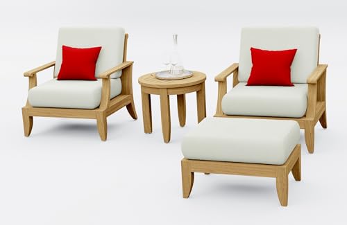 TeakStation 4 Pc Teak Wood Lounge Chair Set: 2 Lounge Chairs, Ottoman & Round Side Table with Cushions in Outdoor Sunbrella Fabric #5404 Canvas Natural