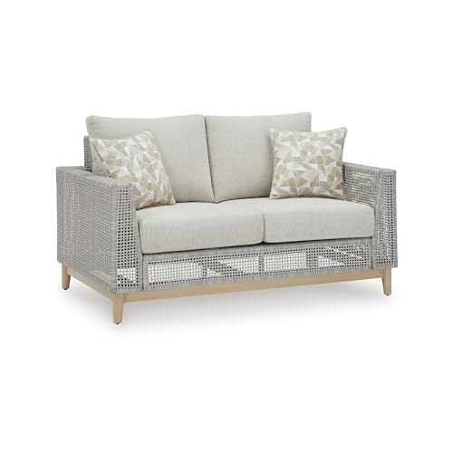 Benzara Yami 59 Inch Outdoor Loveseat with 2 Accent Pillows Gray and Brown