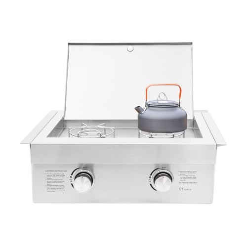 2 Burner Propane Gas Cooktop, Liquid Propane Side Burners for Outdoor Kitchen, Built-in Stainless Steel Burner with Removable Grates & Cover, for Camping, RV, Outdoor Kitchen & BBQ