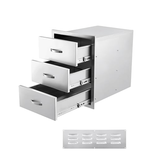 18W x 23D x 23H Inch Outdoor Kitchen Drawers Stainless Steel, Flush Mount Triple Drawers with Stainless Steel Handle, Venting Panel Weatherproof for Kitchen Island Patio, Grill Station