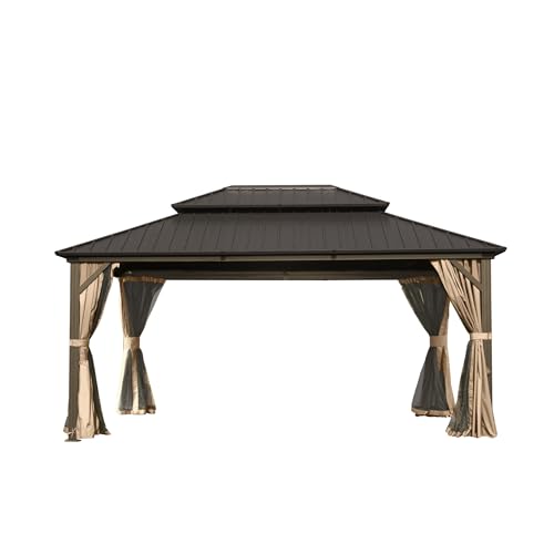 LOPOO Hardtop Gazebo Premium Aluminum Frame with Double Roof Canopy and Curtains Brown