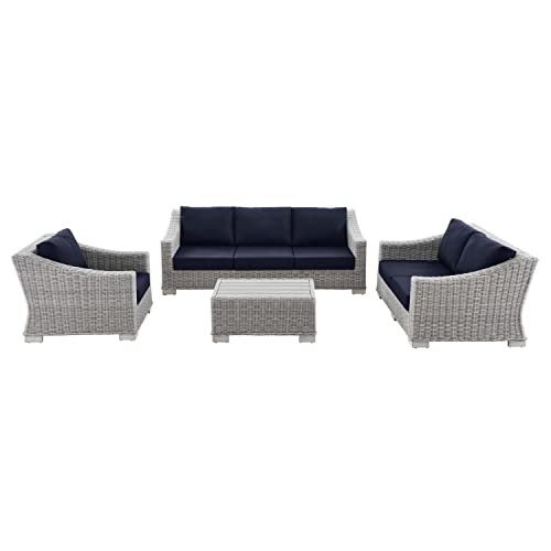 Modway EEI-5091-NAV Conway 4-Piece Outdoor Patio Wicker Rattan Furniture Set, Light Gray Navy