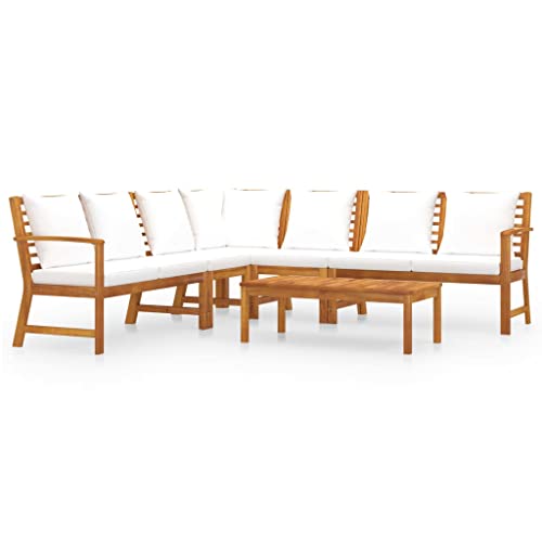 KPOUTRFG 6 Piece Solid Acacia Wood Patio Lounge Set with Modern Rectangular Design and Cream Cushions for Outdoor Seating