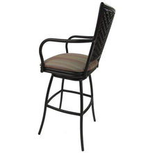 Pemberly Row Outdoor/Indoor Pub Set, 30 in Bar Height Stools with Arms, 36 in Round Black Table, UV Powder-Coated Frame, MultiSunStripe Fabric, Durable, Customizable Patio or Bar Furniture