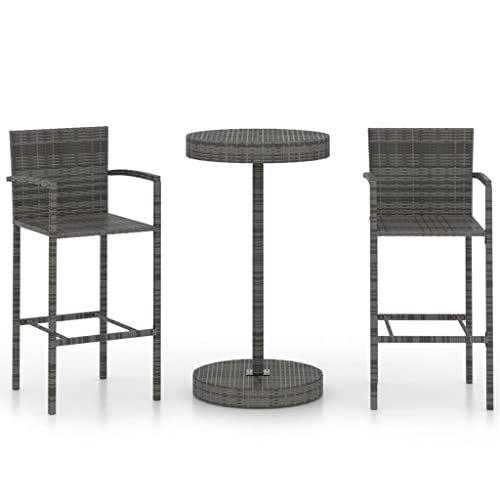 LKJephalotrope 3 Piece Patio Bar Set, Gray Poly Rattan Outdoor Furniture with Round Bar Table and 2 High Stools, Steel Frame Garden Bistro Set for Backyard Balcony Deck