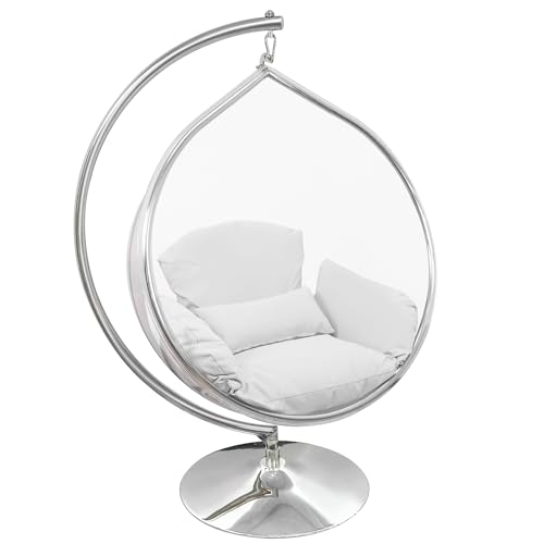 SK CHUMRA Hanging Chair - Transparent Acrylic Bubble, Waterdrop Shape, Indoor Swing Chair with Gold/Chrome Stand, Durable Fabric Cushion - Luxury Accent for Living Room, Bedroom (Chrome/White)