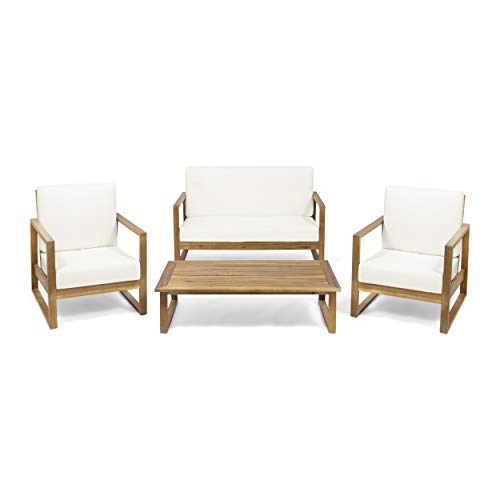 Great Deal Furniture Outdoor Acacia Wood 4 Seater Chat Set with Coffee Table, Finish and Beige
