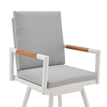 Armen Living Crown Outdoor Patio Swivel Counter Stool in White Aluminum with Wood Accent and Light Gray Cushions