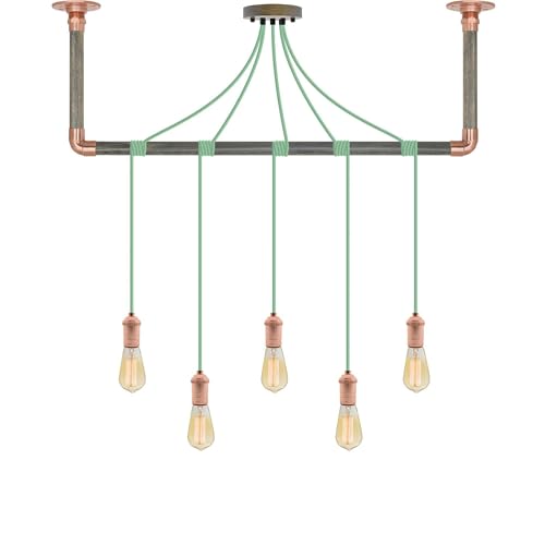 Mint and Copper Pendant Light Wrapped Grey Wood and Copper 36" Ceiling Bracket - Hangout Lighting - 5 Pendants