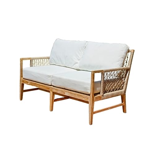 Posh Pollen Premium Grade-A Teak Wood Outdoor Loveseat Sofa with Woven Rope White