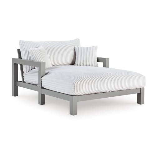 Signature Design by Ashley Moonlight View Contemporary Nuvella Weather Resistant Fabric Outdoor Chaise Lounge with Zippered Removable Cushions and Throw Pillows, Light Gray & Beige