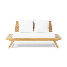 Great Deal Furniture Jessie Outdoor Wooden Loveseat with Cushions, White and Teak Finish,309174