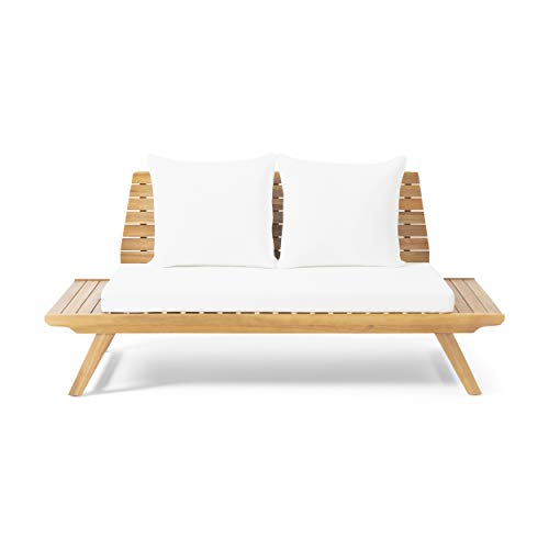 Great Deal Furniture Jessie Outdoor Wooden Loveseat with Cushions, White and Teak Finish,309174