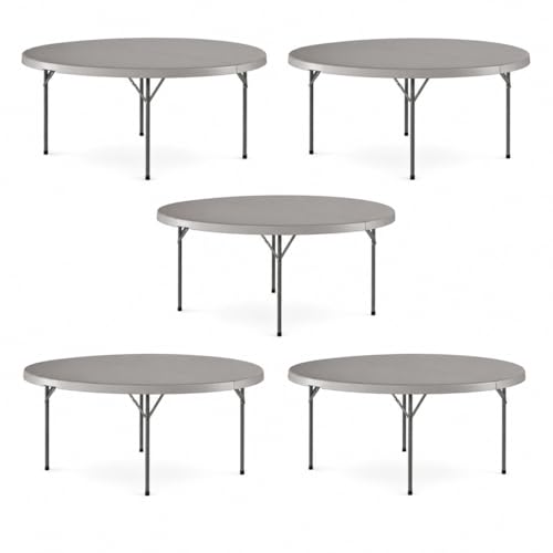 SHADOW TRADE 72 Inch Gray Round Folding Table, Heavy Duty Plastic Banquet Table with Gray Steel Legs, Blow Molded Portable Dining Table for Events, Parties, Catering, Indoor Outdoor Use (Set 5 Pack)