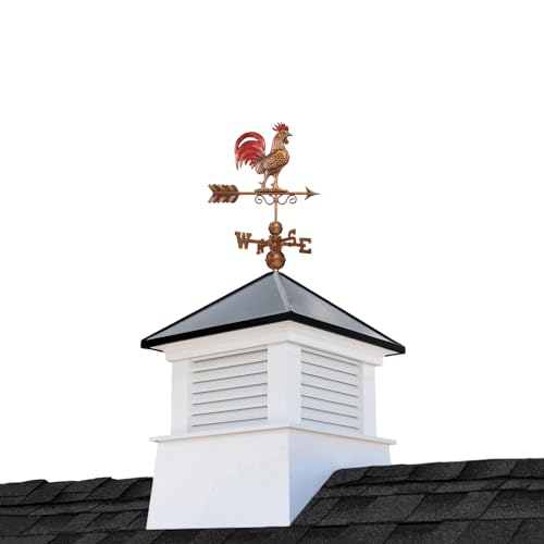Good Directions 30" Square Manchester Vinyl Cupola with Black Aluminum Roof and Copper Bantam Red Rooster Weathervane White/Black/Red