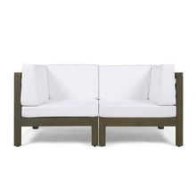 Benzara Ony Outdoor Loveseat with Detachable Acacia Wood Chairs and White Cushions White and Brown