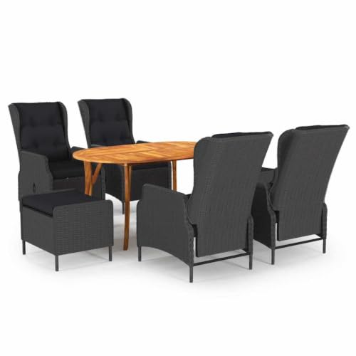 Molumvel 7 Piece Patio Dining Set with Acacia Wood Table and Reclining Rattan Chairs, Dark Gray Outdoor Furniture for Garden, Backyard, and Dining