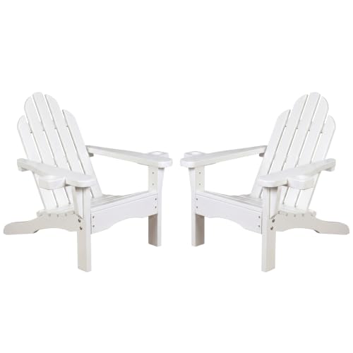 Amish Casual Heavy Duty Treated Wood Adirondack Chairs (Set of 2) - All Weather Handcrafted Wooden Outdoor Patio Chairs for Lawn, Porch, Deck & Fire Pit (Semi Solid White Stain, with Cupholders)