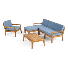 Christopher Knight Home Grena Outdoor Acacia Wood 4-Seater Sectional Set with Ottoman and Coffee Table Teak + Blue