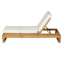 Merax 2 Piece Teak Finish Acacia Wood Chaise Lounge with 4-Inch Cream 3-Fold Water-Resistant Cushion Set, 4-Position Adjustable Outdoor Patio Lounger with Flat Side Surface, for Poolside