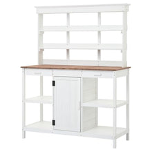 Large Farmhouse Wooden Potting Bench Table with 2 Drawers and Cabinet for Backyard, Porch, Outdoor Garden Workstation with Open Shelves and Solid Wood Frame for Lawn (White)