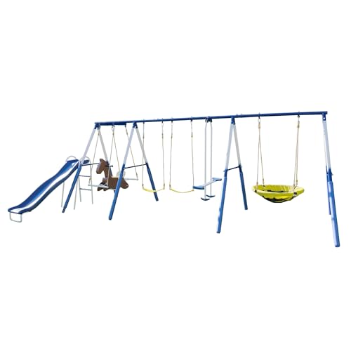 Sportspower Outdoor Super 8 Metal Swing Set with Slide & Swings Yellow/White/Blue
