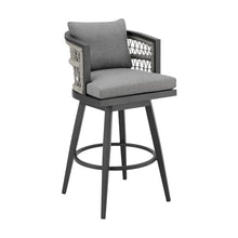 Armen Living Zella Outdoor Patio Swivel Bar Stool in Aluminum with Light Gray Rope and Earl Gray Cushions
