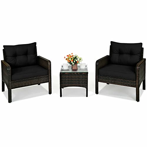DUYHBAWRS 3 PCS Outdoor Rattan Conversation Set Patio Garden Cushioned Sofa Chair Coffee Table(D)