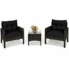 DUYHBAWRS 3 PCS Outdoor Rattan Conversation Set Patio Garden Cushioned Sofa Chair Coffee Table(D)