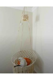 Macrame Hammock Swing Chair for Adults, Handmade Cotton Rope, 21.7 x 27.6 in Seat, 180-78.7 in Rope Length, 220.5 lb Capacity, Ecru Color, Scandinavian Style, Indoor/Outdoor Use, Includes Mounting Har