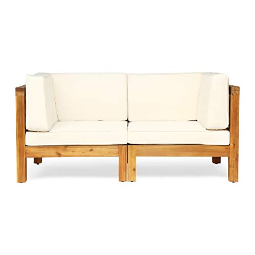 GDFStudio Outdoor Sectional Loveseat Set | 2-Seater | Acacia Wood | Water-Resistant Cushions | Teak and Beige