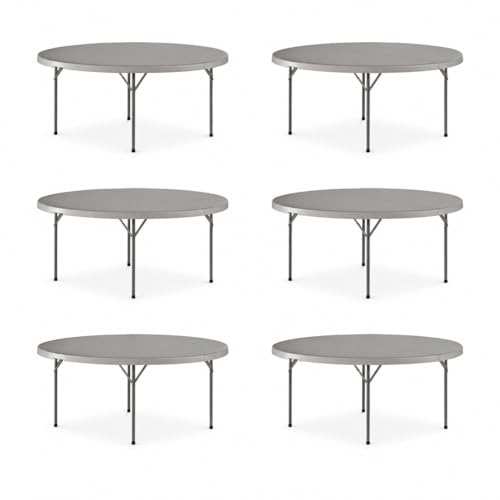 SHADOW TRADE 72 Inch Gray Round Folding Table, Heavy Duty Plastic Banquet Table with Gray Steel Legs, Blow Molded Portable Dining Table for Events, Parties, Catering, Indoor Outdoor Use (Set 6 Pack)