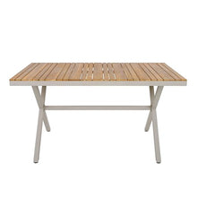 Christopher Knight Home Rado 55”L Wooden Outdoor Dining Table with Steel Frame, Sturdy Rectangular Patio Table for 4-6 People, Dining Room Table with Slatted Design and X-Shaped Legs, Teak + Beige