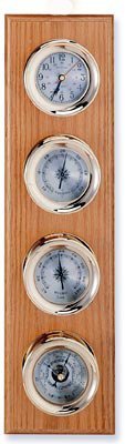HS Clock, Barometer, Thermometer & Hygrometer Brass Weather Station on Oak Wood Base