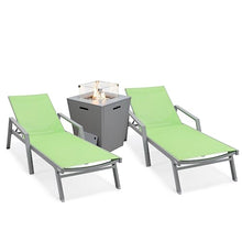LeisureMod Marlin Modern Green Outdoor Chaise Lounge Chair Set with Fire Pit Table