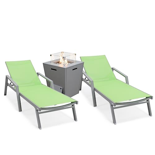 LeisureMod Marlin Modern Green Outdoor Chaise Lounge Chair Set with Fire Pit Table