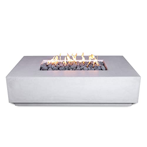 Vivid Heat - 60" Premium “Mesa 2" Concrete Fire Bowl - Heavy Cement Rectangle Natural Gas Fire Pit - Square Outdoor Fire Table with Key Valve GFRC (48” L x 32” W x 16” H) (Ivory White)