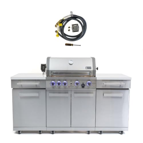 Mont Alpi Premium 70"W x 24"D x 46"H Stainless Steel Outdoor Kitchen Island + 32"W 4-Burner BBQ Grill with Infrared Burner + Storage Cabinets + White Granite Countertops + Natural Gas Conversion Kit