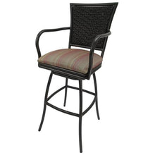 Pemberly Row Outdoor/Indoor Pub Set, 30 in Bar Height Stools with Arms, 36 in Round Black Table, UV Powder-Coated Frame, MultiSunStripe Fabric, Durable, Customizable Patio or Bar Furniture
