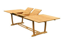 WholesaleTeak 12 Seats 13 Pcs Grade-A Teak Wood Dining Set: 118" Double Extension Mas Rectangle Trestle Leg Table and 12 Leveb Stacking Arm Chairs #11LV2512