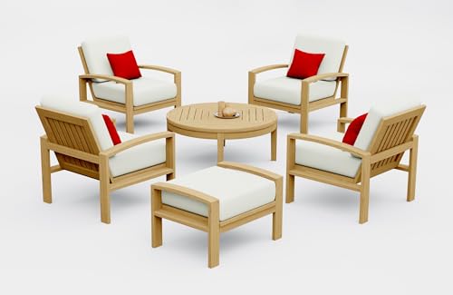WholesaleTeakFurniture Madras 6 Piece Teak Wood Lounge Chair Set: 4 Lounge Chairs, Ottoman & Round Coffee Table with Cushions in Outdoor Sunbrella Fabric #5404 Canvas Natural