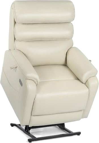 Dual Motor Lay Flat Power Lift Recliner Chair for Elderly Adults with Heat and Massage Functions, Leather Electric Reclining Sofa with USB Ports, Cream White Living Room Furniture